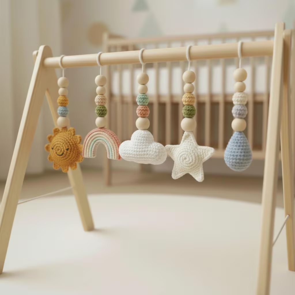 Rainbow Baby Gym Wooden Play Gym, Crochet Sky Theme Baby Toys, Montessori Activity Gym, Cloud Rainbow Nursery Decor, Handmade Newborn Gift