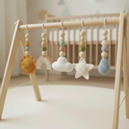 Rainbow Baby Gym Wooden Play Gym, Crochet Sky Theme Baby Toys, Montessori Activity Gym, Cloud Rainbow Nursery Decor, Handmade Newborn Gift