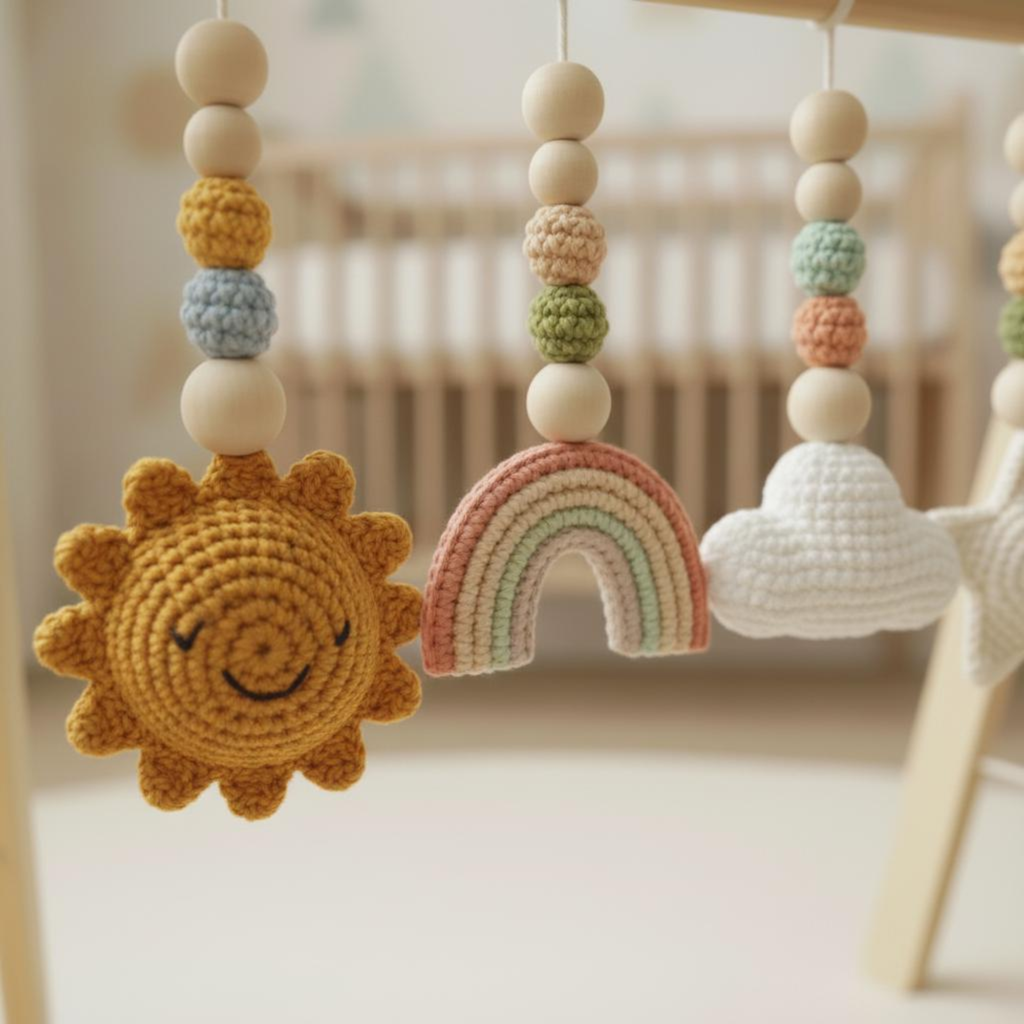 Rainbow Baby Gym Wooden Play Gym, Crochet Sky Theme Baby Toys, Montessori Activity Gym, Cloud Rainbow Nursery Decor, Handmade Newborn Gift