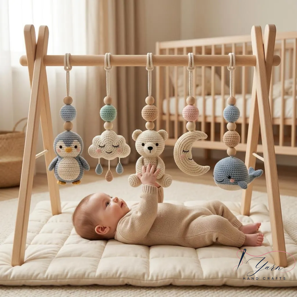 Polar Animal Baby Gym | Crochet Penguin Whale Bear Baby Toys | Montessori Wooden Activity Gym | Arctic Nursery Decor | Newborn Baby Shower Gift