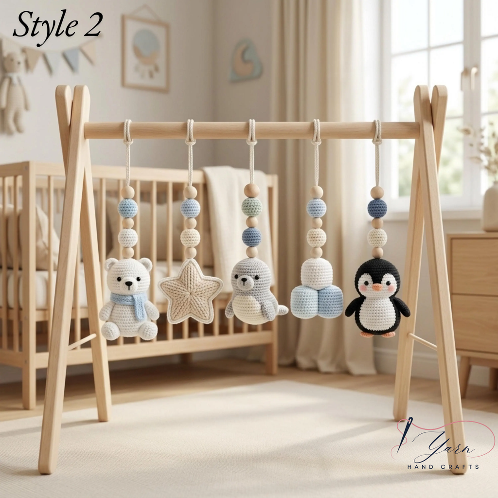 Polar Animal Baby Gym | Crochet Penguin Whale Bear Baby Toys | Montessori Wooden Activity Gym | Arctic Nursery Decor | Newborn Baby Shower Gift