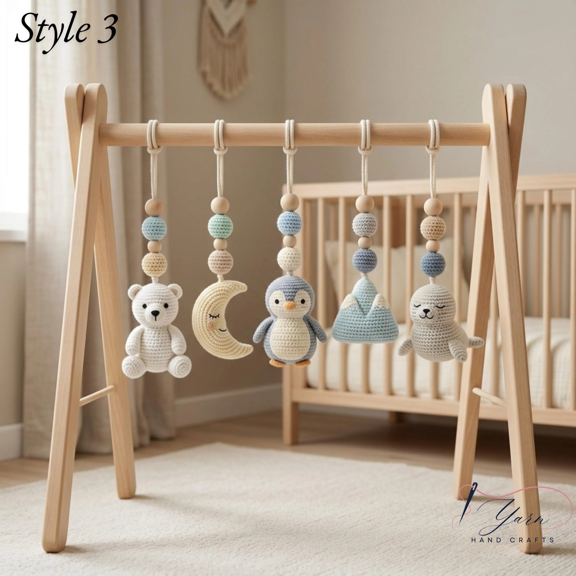 Polar Animal Baby Gym | Crochet Penguin Whale Bear Baby Toys | Montessori Wooden Activity Gym | Arctic Nursery Decor | Newborn Baby Shower Gift