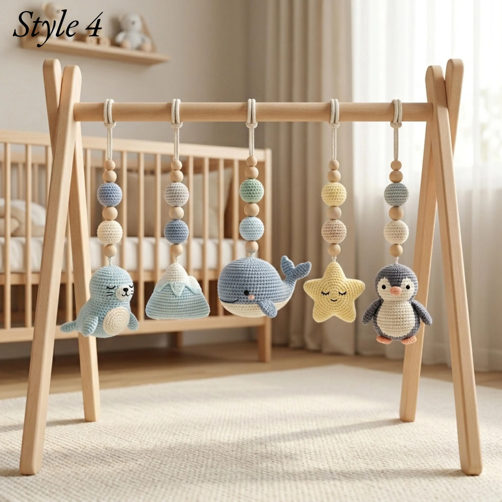 Polar Animal Baby Gym | Crochet Penguin Whale Bear Baby Toys | Montessori Wooden Activity Gym | Arctic Nursery Decor | Newborn Baby Shower Gift