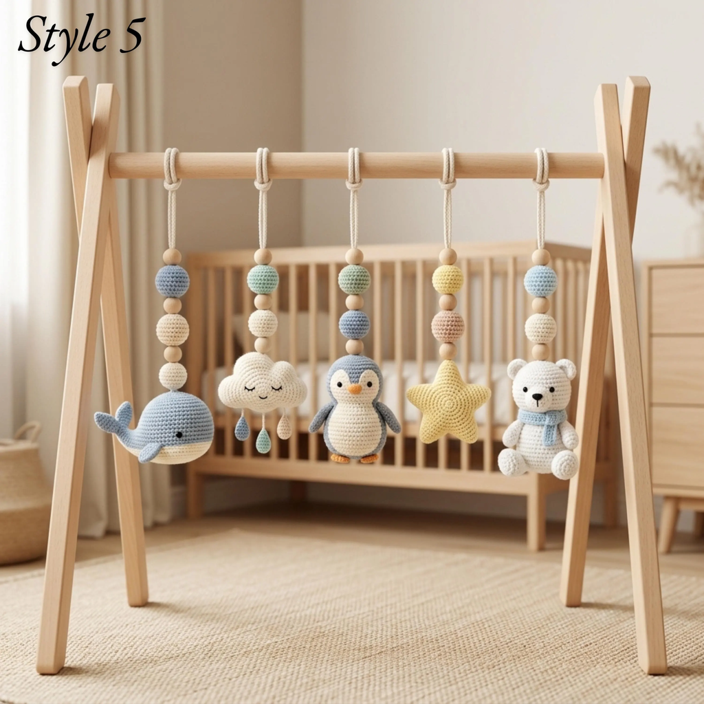 Polar Animal Baby Gym | Crochet Penguin Whale Bear Baby Toys | Montessori Wooden Activity Gym | Arctic Nursery Decor | Newborn Baby Shower Gift