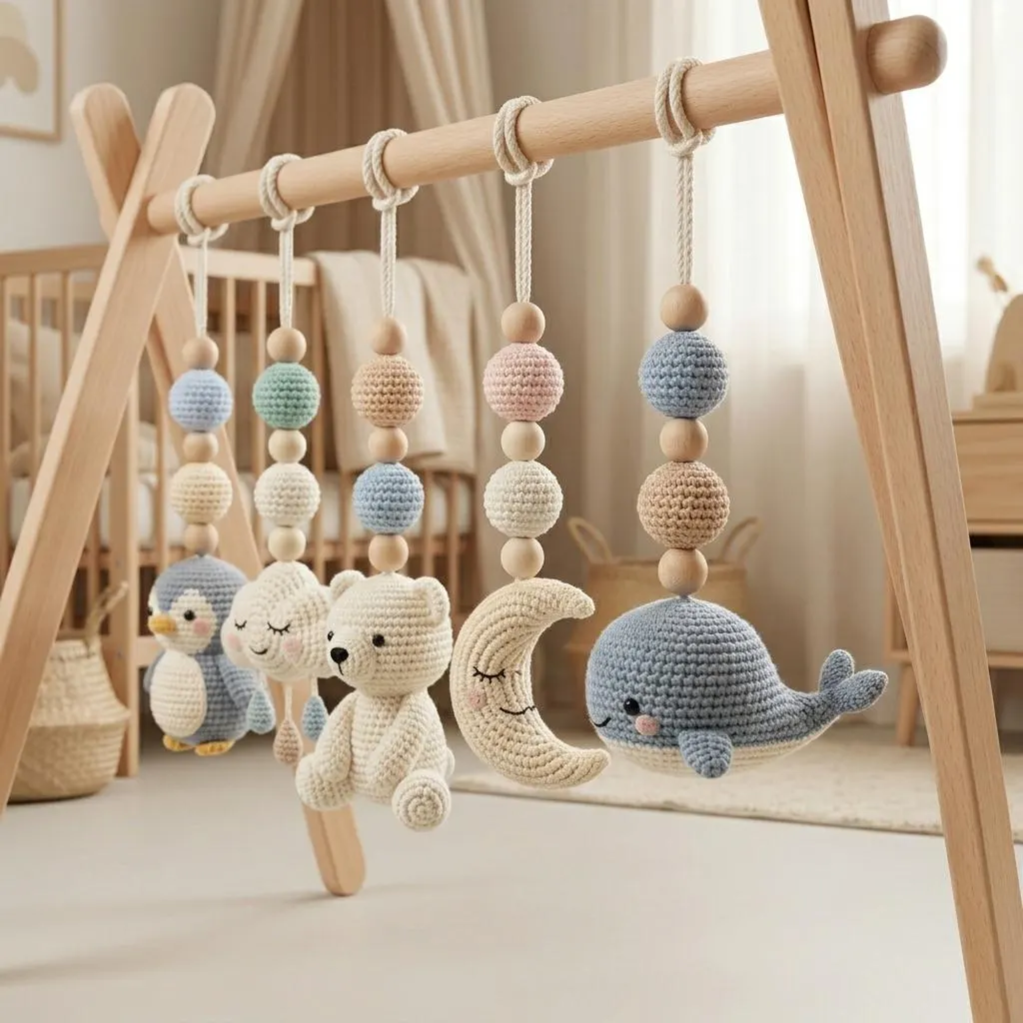 Polar Animal Baby Gym | Crochet Penguin Whale Bear Baby Toys | Montessori Wooden Activity Gym | Arctic Nursery Decor | Newborn Baby Shower Gift