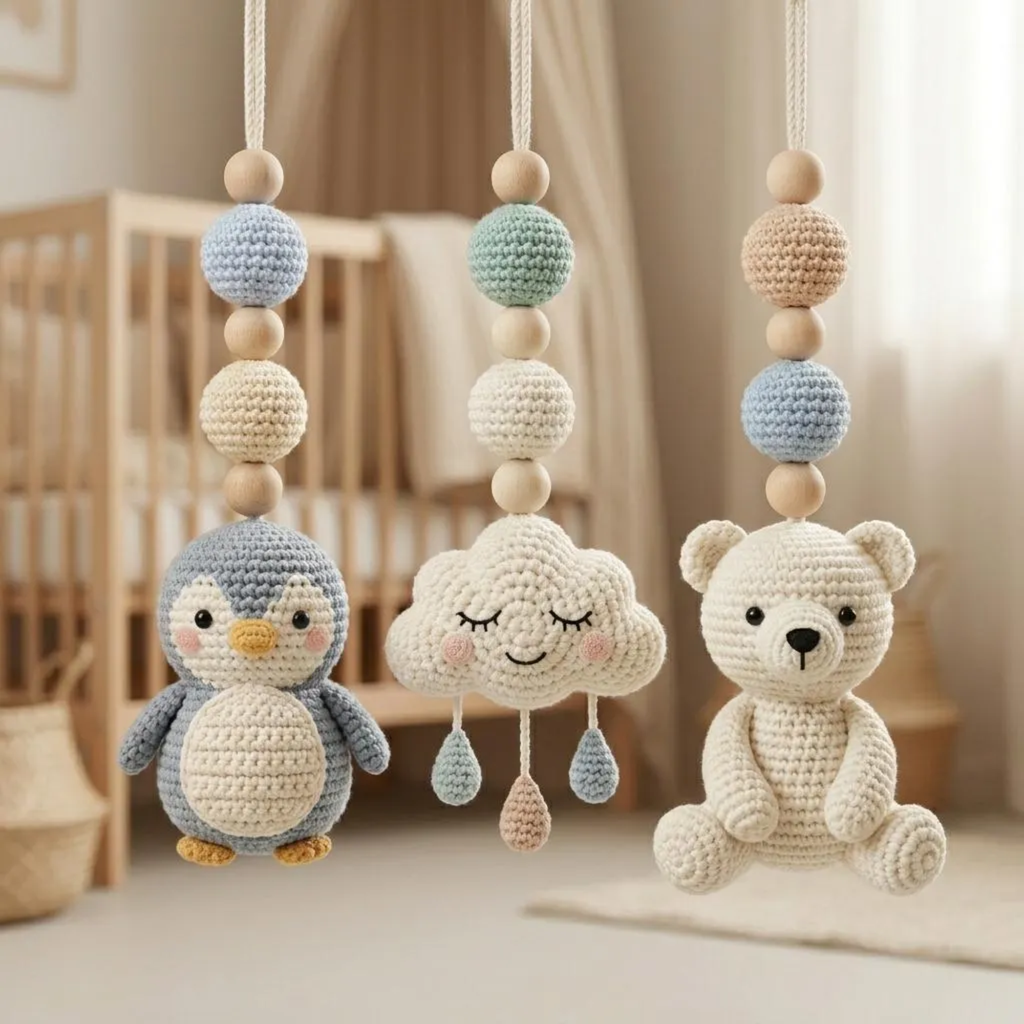 Polar Animal Baby Gym | Crochet Penguin Whale Bear Baby Toys | Montessori Wooden Activity Gym | Arctic Nursery Decor | Newborn Baby Shower Gift