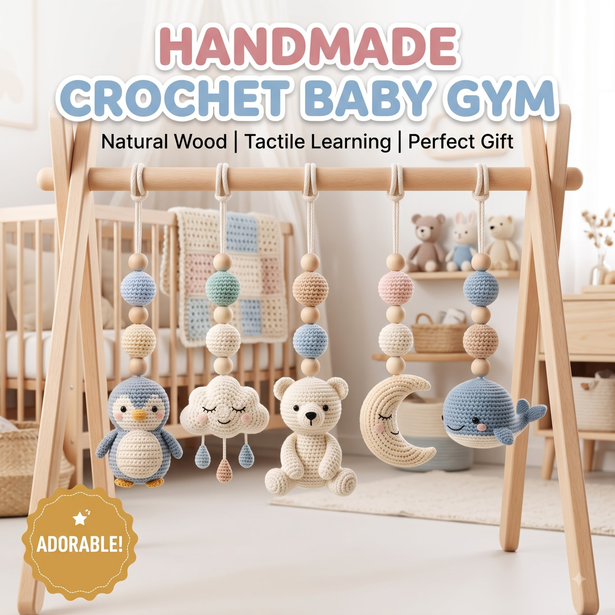 Polar Animal Baby Gym | Crochet Penguin Whale Bear Baby Toys | Montessori Wooden Activity Gym | Arctic Nursery Decor | Newborn Baby Shower Gift