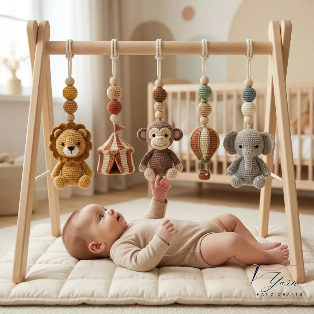 Crochet Circus Baby Gym, Montessori Play Gym Toy, Safari Animal Activity Gym, Lion Monkey Elephant Nursery Decor, Wooden Baby Play Gym