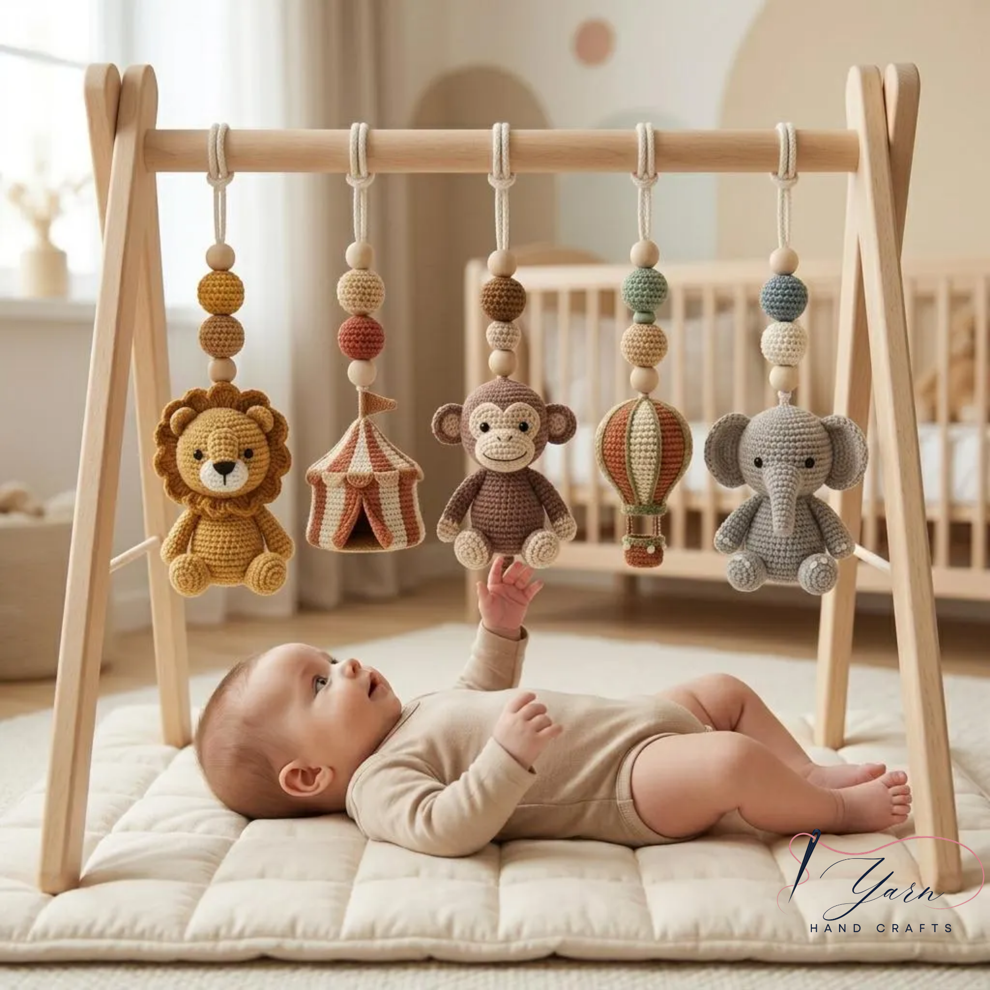 Crochet Circus Baby Gym, Montessori Play Gym Toy, Safari Animal Activity Gym, Lion Monkey Elephant Nursery Decor, Wooden Baby Play Gym