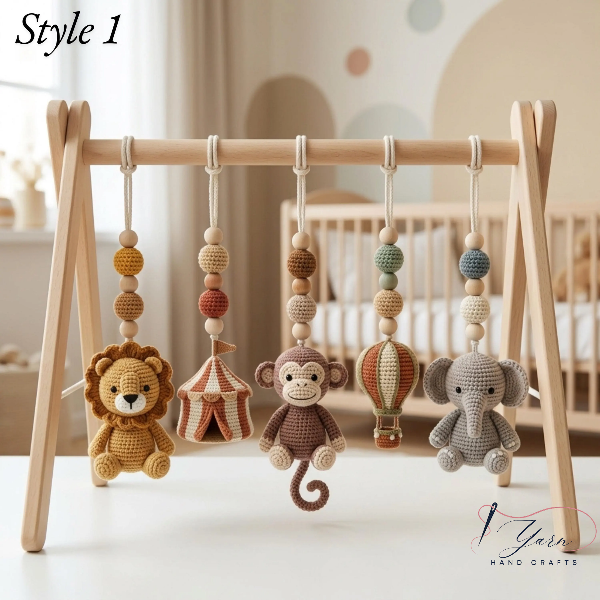 Crochet Circus Baby Gym, Montessori Play Gym Toy, Safari Animal Activity Gym, Lion Monkey Elephant Nursery Decor, Wooden Baby Play Gym