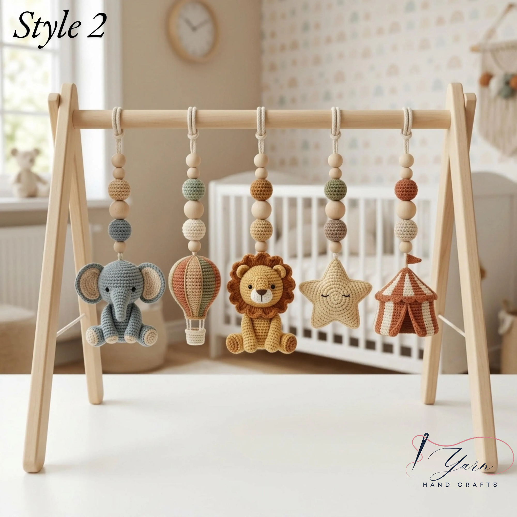 Crochet Circus Baby Gym, Montessori Play Gym Toy, Safari Animal Activity Gym, Lion Monkey Elephant Nursery Decor, Wooden Baby Play Gym