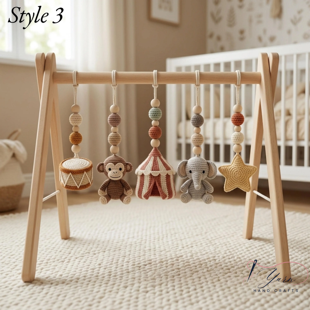 Crochet Circus Baby Gym, Montessori Play Gym Toy, Safari Animal Activity Gym, Lion Monkey Elephant Nursery Decor, Wooden Baby Play Gym