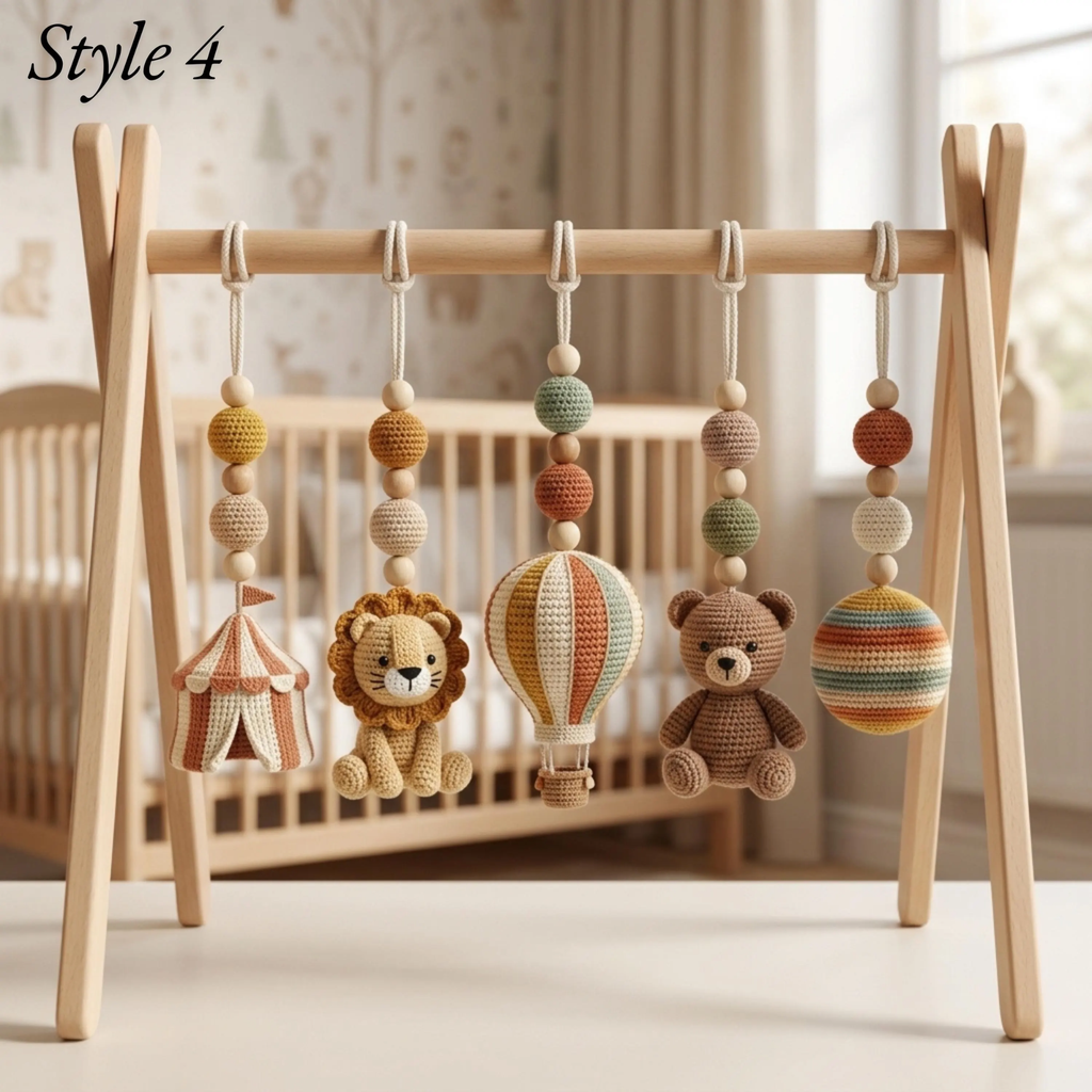 Crochet Circus Baby Gym, Montessori Play Gym Toy, Safari Animal Activity Gym, Lion Monkey Elephant Nursery Decor, Wooden Baby Play Gym