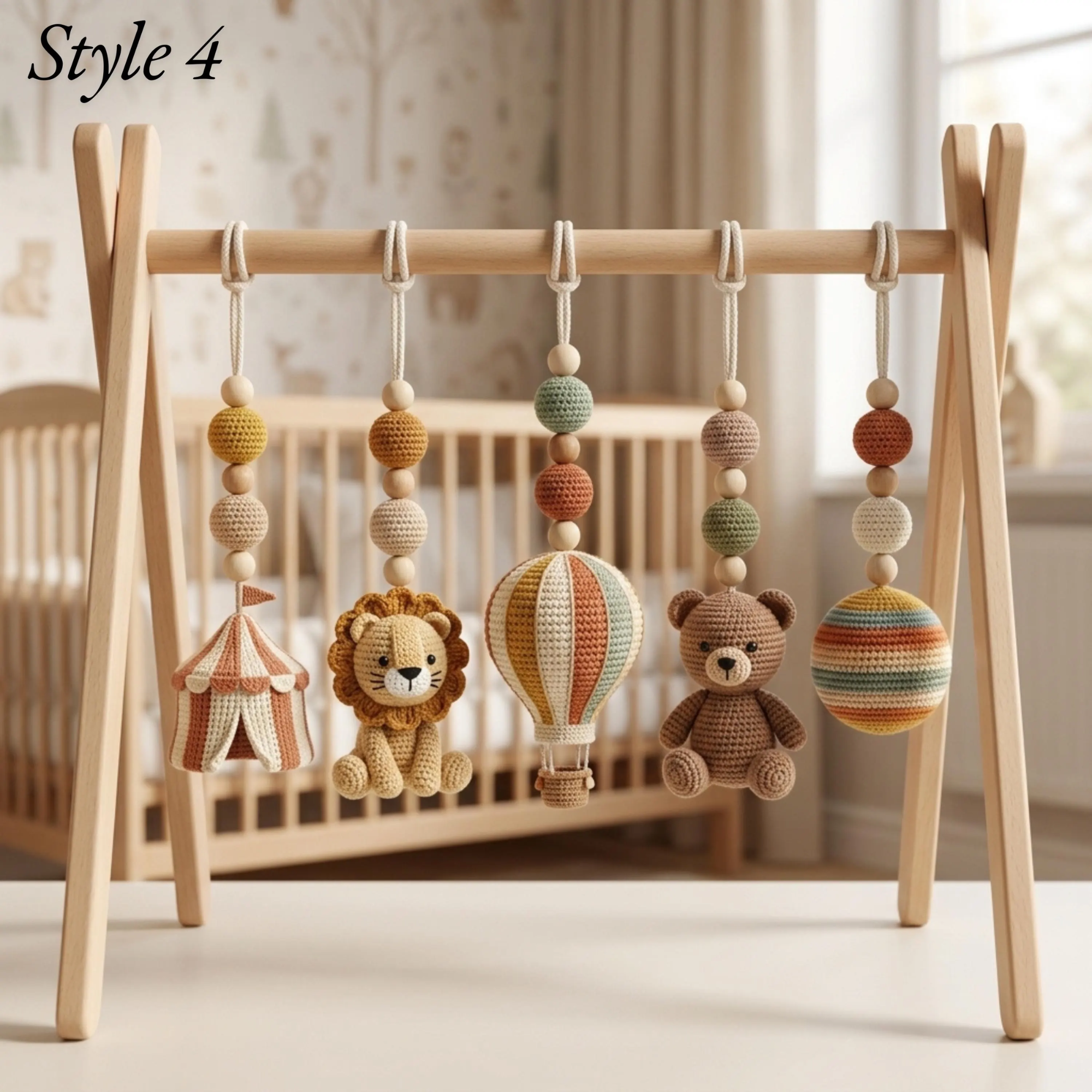 Crochet Circus Baby Gym, Montessori Play Gym Toy, Safari Animal Activity Gym, Lion Monkey Elephant Nursery Decor, Wooden Baby Play Gym