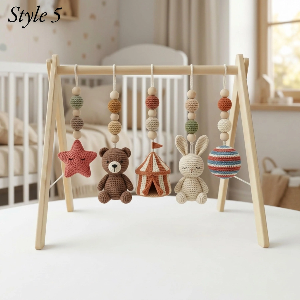 Crochet Circus Baby Gym, Montessori Play Gym Toy, Safari Animal Activity Gym, Lion Monkey Elephant Nursery Decor, Wooden Baby Play Gym
