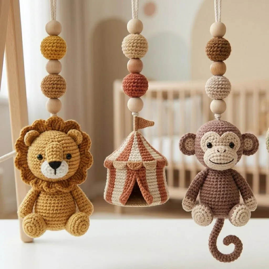 Crochet Circus Baby Gym, Montessori Play Gym Toy, Safari Animal Activity Gym, Lion Monkey Elephant Nursery Decor, Wooden Baby Play Gym