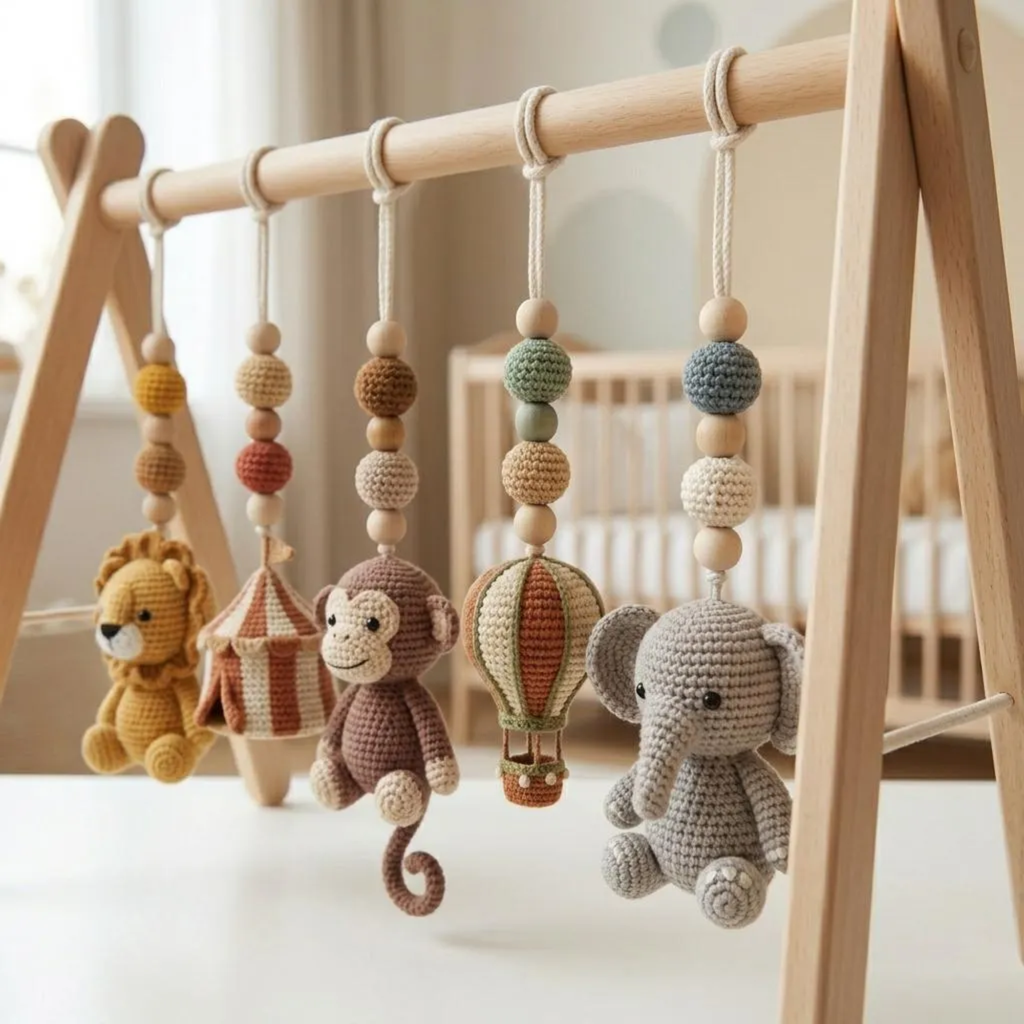 Crochet Circus Baby Gym, Montessori Play Gym Toy, Safari Animal Activity Gym, Lion Monkey Elephant Nursery Decor, Wooden Baby Play Gym