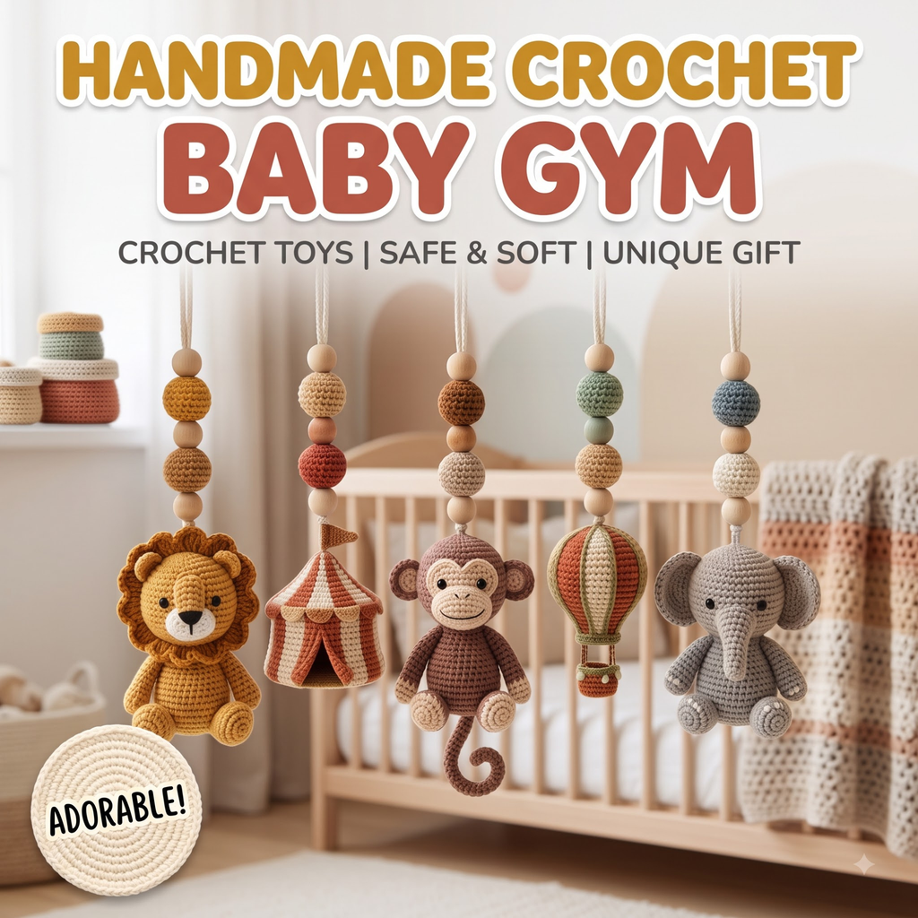 Crochet Circus Baby Gym, Montessori Play Gym Toy, Safari Animal Activity Gym, Lion Monkey Elephant Nursery Decor, Wooden Baby Play Gym
