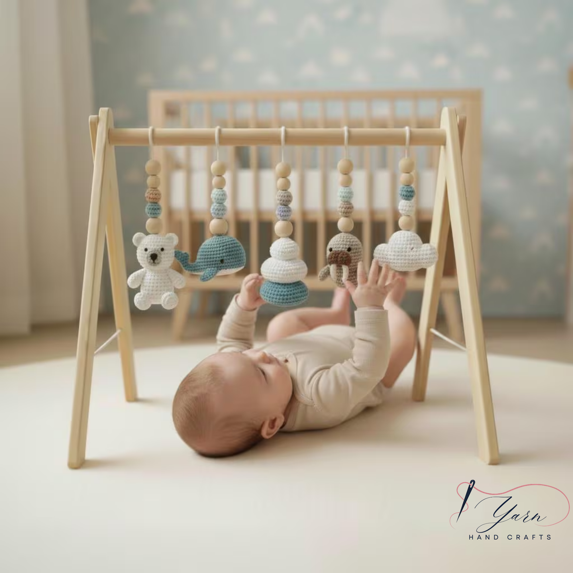 Handmade Custom Polar Baby Gym | Personalized Wooden Play Gym with Crochet Arctic Animals | Montessori Baby Activity Gym | Neutral Nursery Decor & Baby Shower Gift