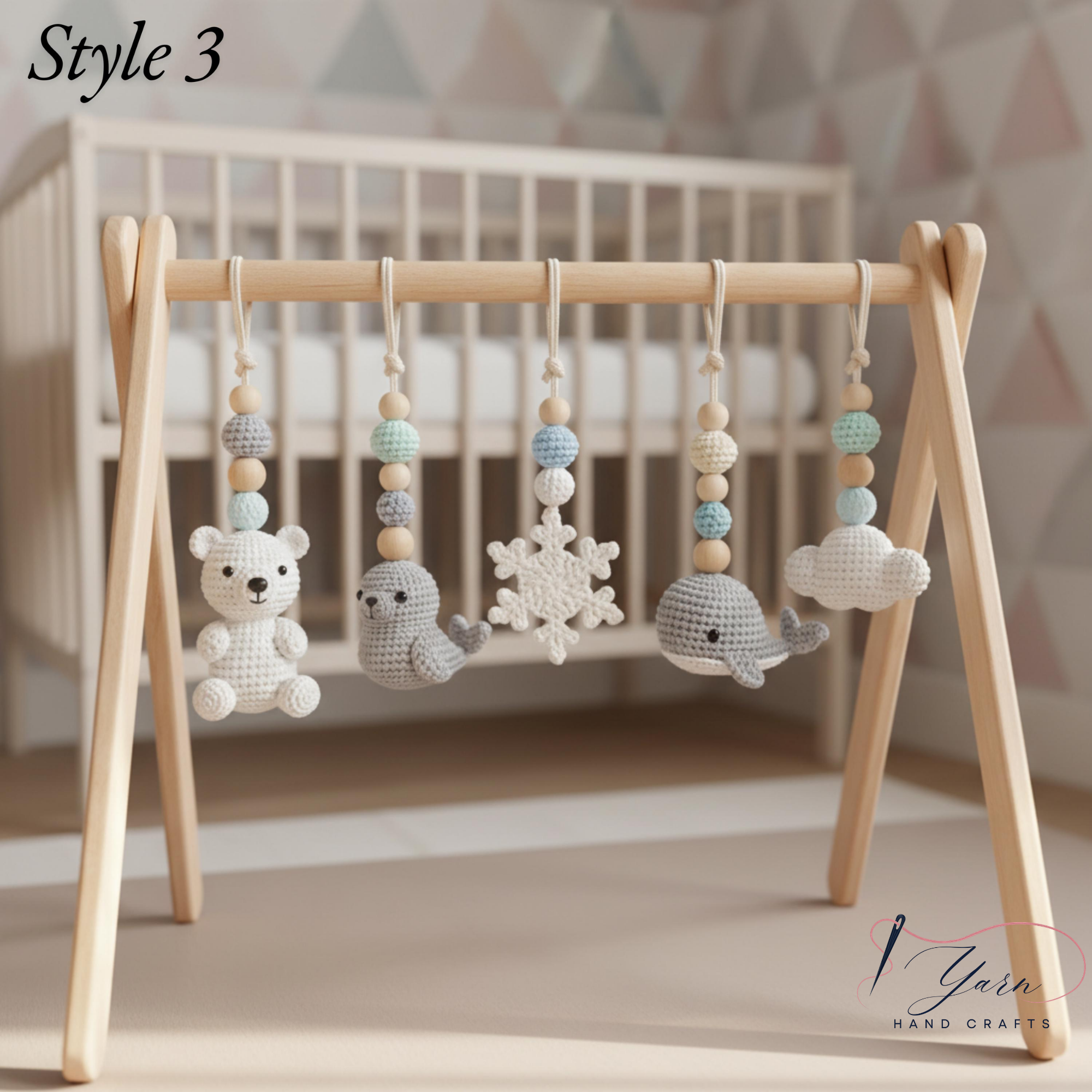 Handmade Custom Polar Baby Gym | Personalized Wooden Play Gym with Crochet Arctic Animals | Montessori Baby Activity Gym | Neutral Nursery Decor & Baby Shower Gift