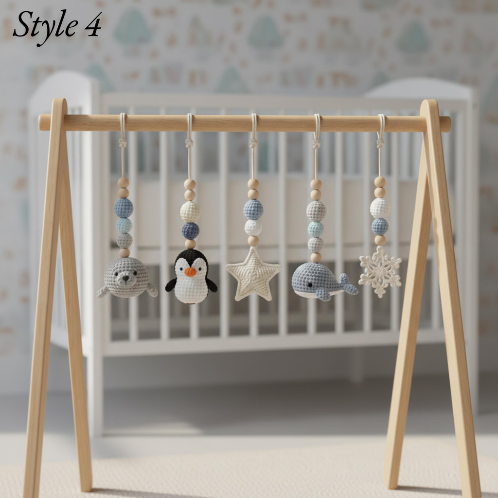 Handmade Custom Polar Baby Gym | Personalized Wooden Play Gym with Crochet Arctic Animals | Montessori Baby Activity Gym | Neutral Nursery Decor & Baby Shower Gift