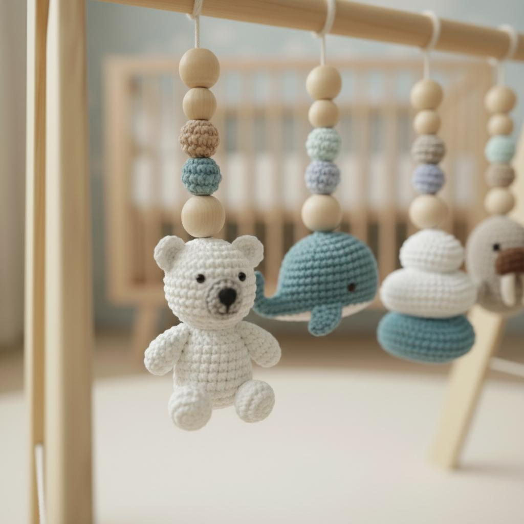 Handmade Custom Polar Baby Gym | Personalized Wooden Play Gym with Crochet Arctic Animals | Montessori Baby Activity Gym | Neutral Nursery Decor & Baby Shower Gift
