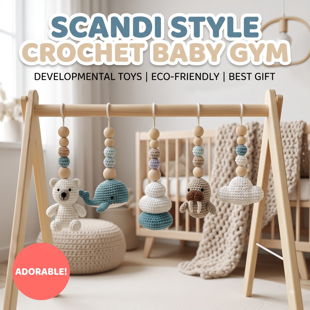 Handmade Custom Polar Baby Gym | Personalized Wooden Play Gym with Crochet Arctic Animals | Montessori Baby Activity Gym | Neutral Nursery Decor & Baby Shower Gift