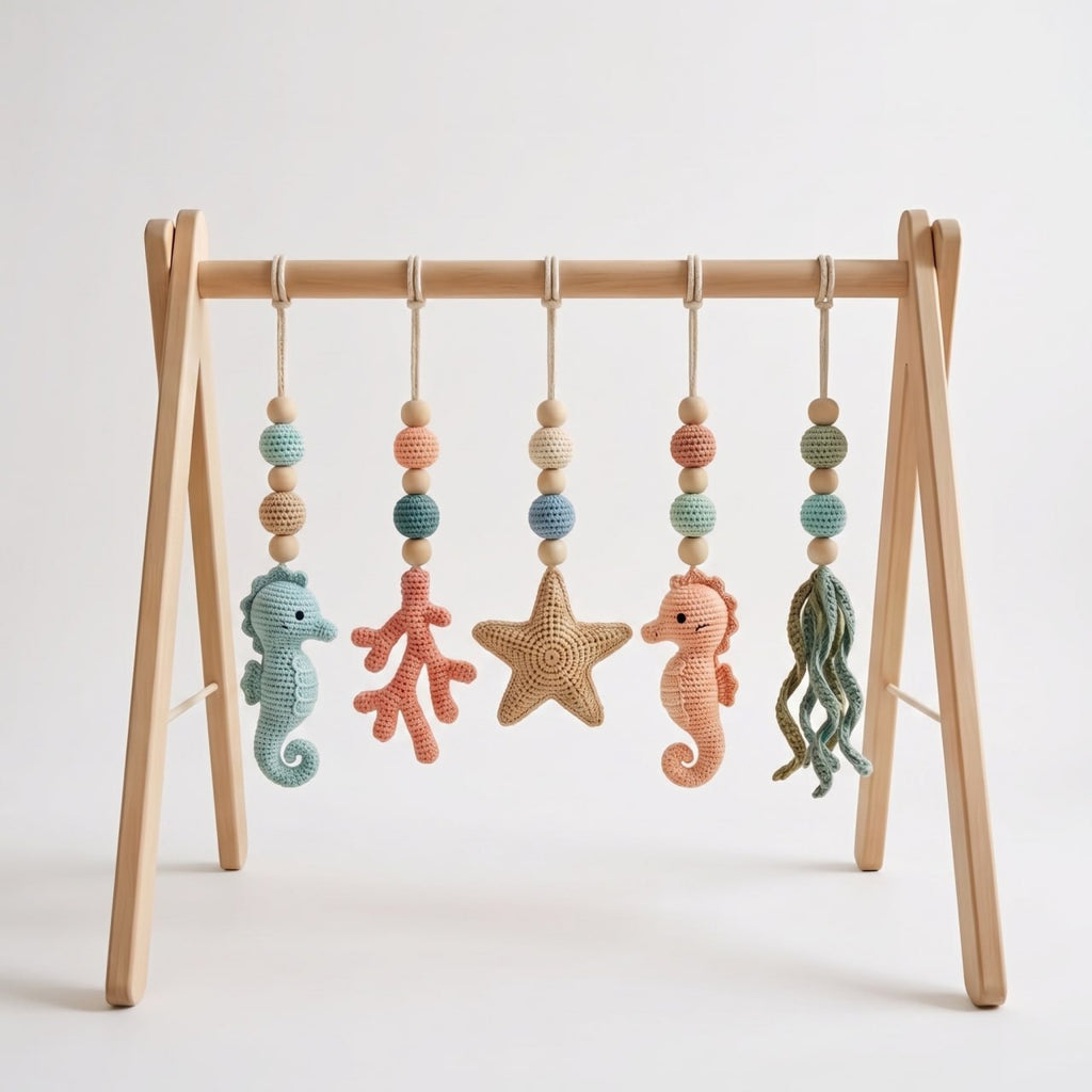 Wooden Baby Gym with Handmade Crochet Oceans– Sea Animal Activity Play Gym