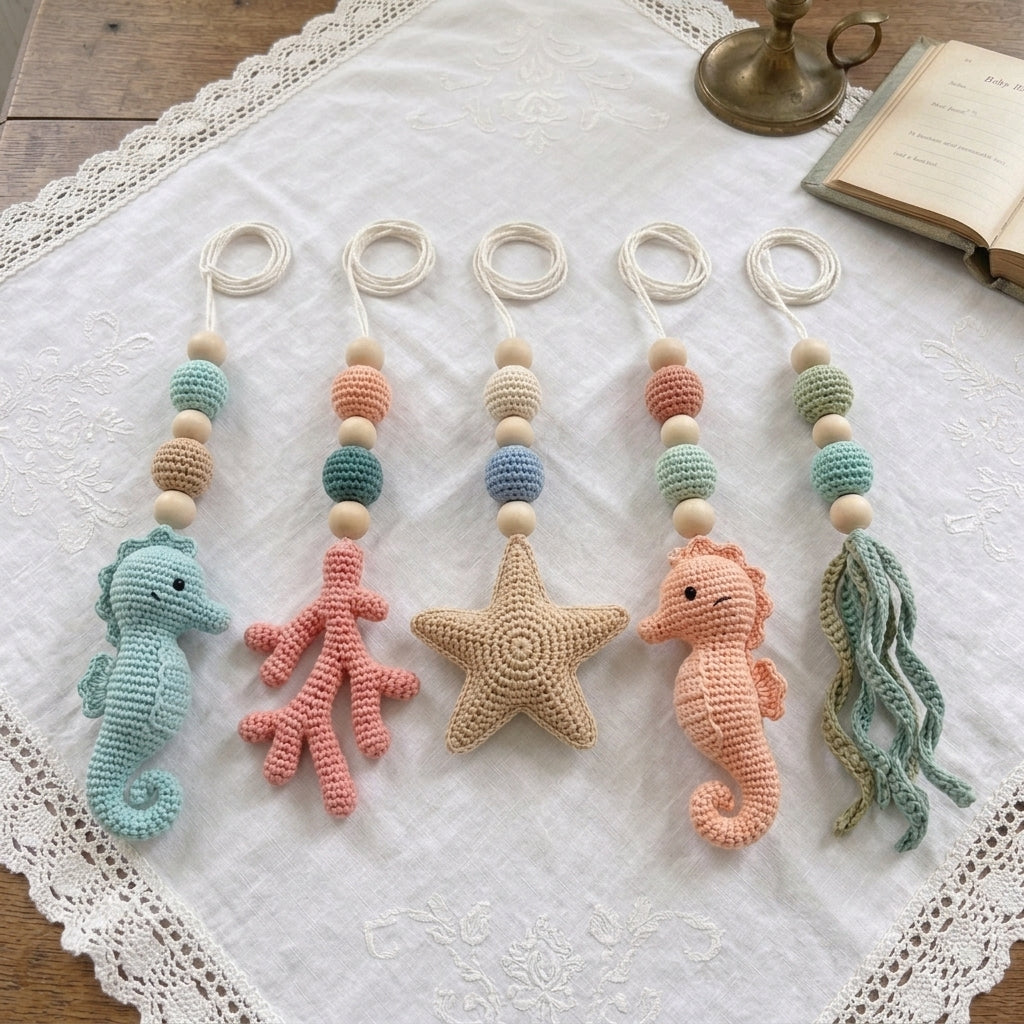 Wooden Baby Gym with Handmade Crochet Oceans– Sea Animal Activity Play Gym