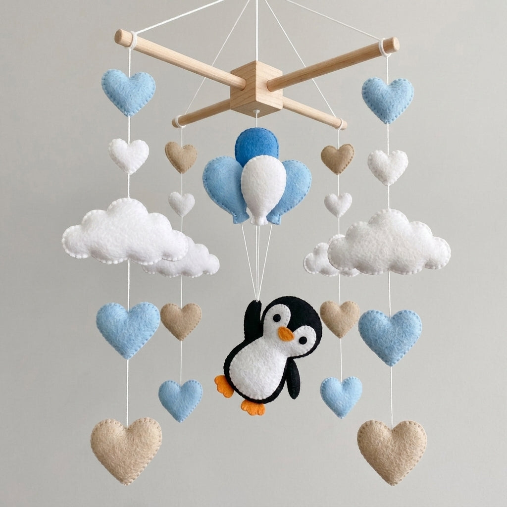 Penguin Felt Baby Mobile, Hot Air Balloon Crib Mobile
