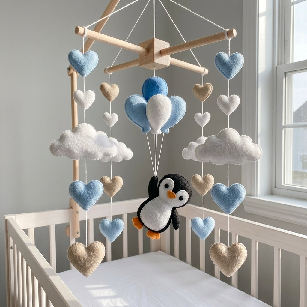 Penguin Felt Baby Mobile, Hot Air Balloon Crib Mobile