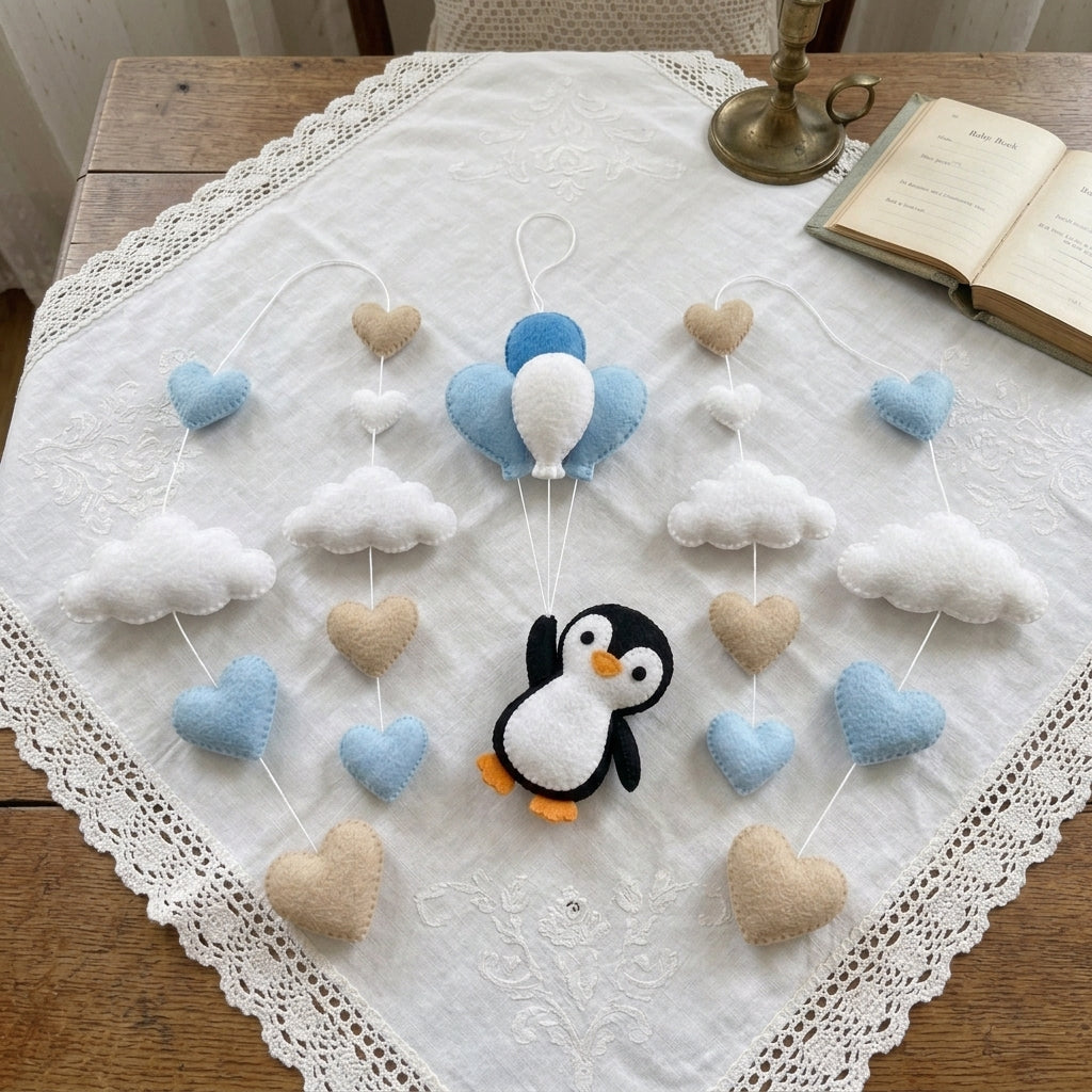 Penguin Felt Baby Mobile, Hot Air Balloon Crib Mobile