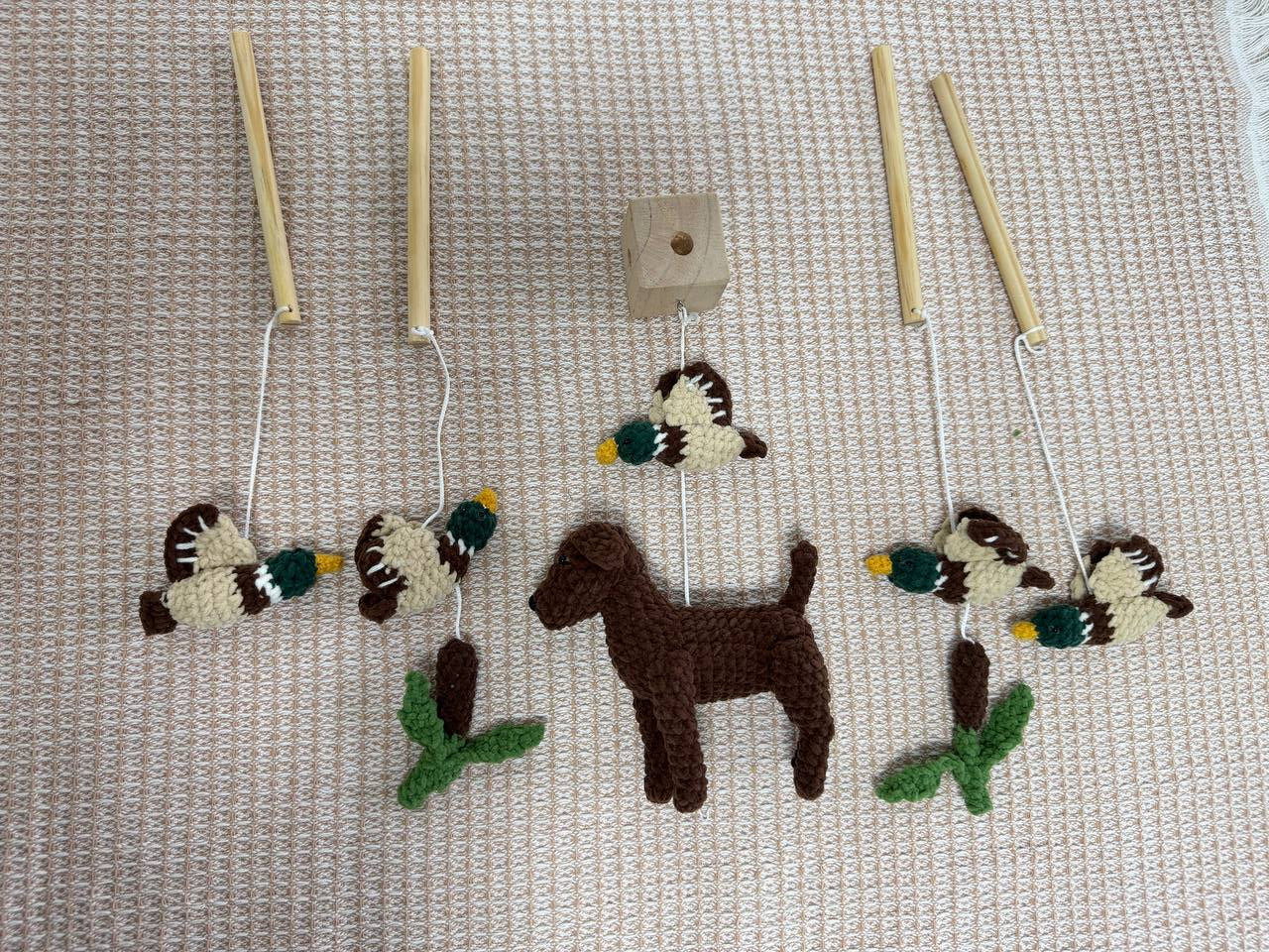 Handmade Dog Hunting Baby Mobile, Duck Hunting Crochet