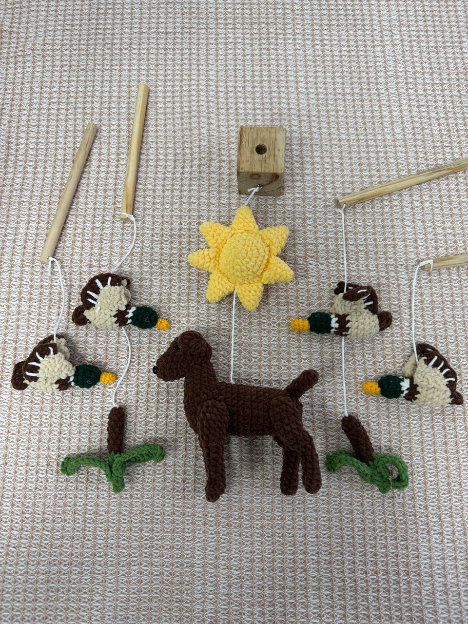 Handmade Dog Hunting Baby Mobile, Duck Hunting Crochet