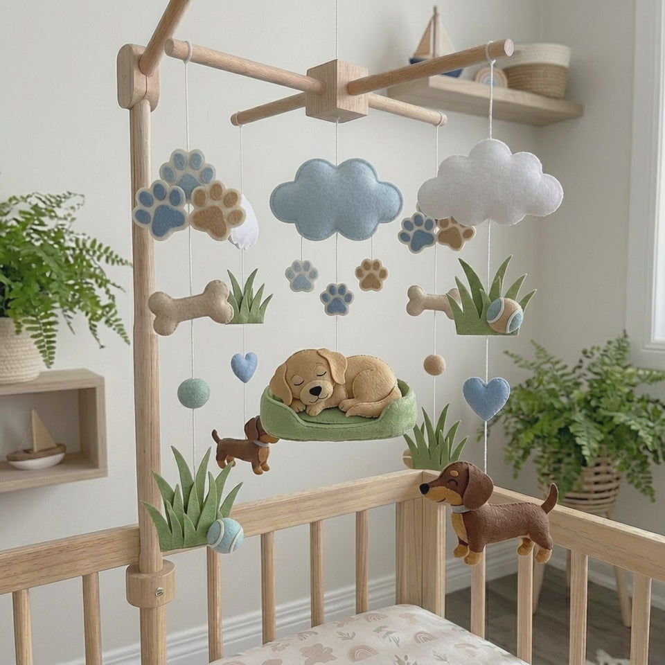 Felt Dog Baby Mobile, Puppy Nursery Crib Decor with Paw