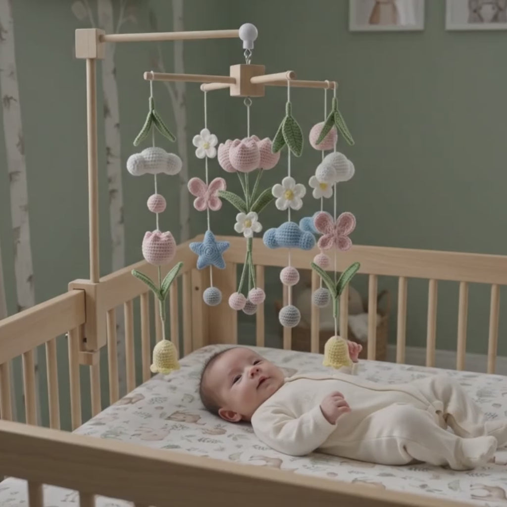 Spring Garden Crochet Crib Mobile, Handmade Floral Nursery Hanging with Tulips, Butterflies and Clouds