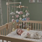 Spring Garden Crochet Crib Mobile, Handmade Floral Nursery Hanging with Tulips, Butterflies and Clouds