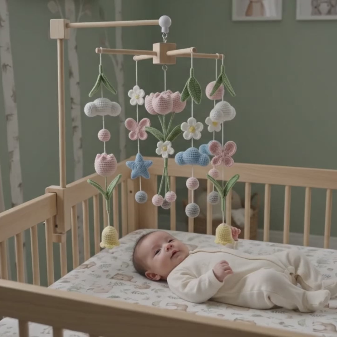 Spring Garden Crochet Crib Mobile, Handmade Floral Nursery Hanging with Tulips, Butterflies and Clouds