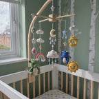 Dragon Dreamland Crochet Baby Mobile, Handmade Fantasy Crib Hanging with Rainbow, Moon, Sun and Clouds