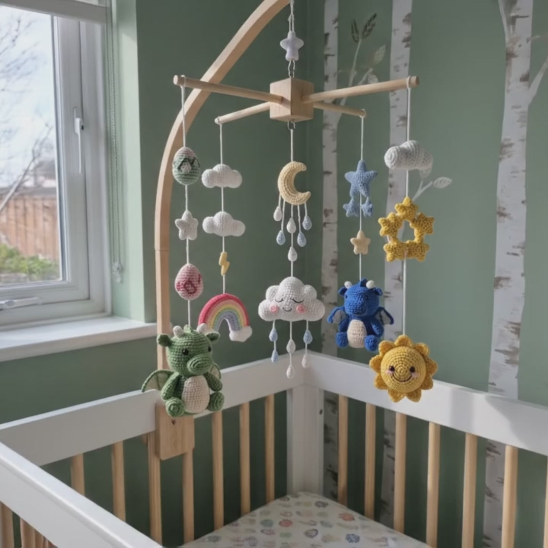 Dragon Dreamland Crochet Baby Mobile, Handmade Fantasy Crib Hanging with Rainbow, Moon, Sun and Clouds