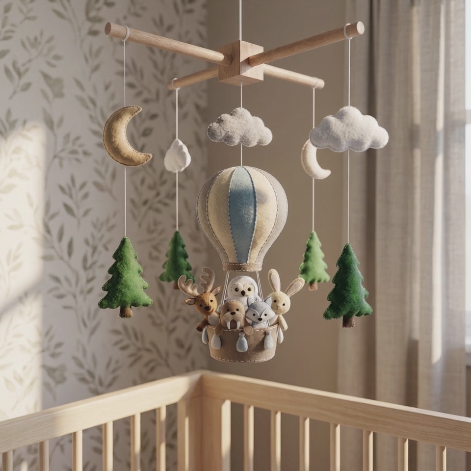 Handmade Felt Winter Woodland Hot Air Balloon Baby Mobile – Forest Animal Nursery Decor