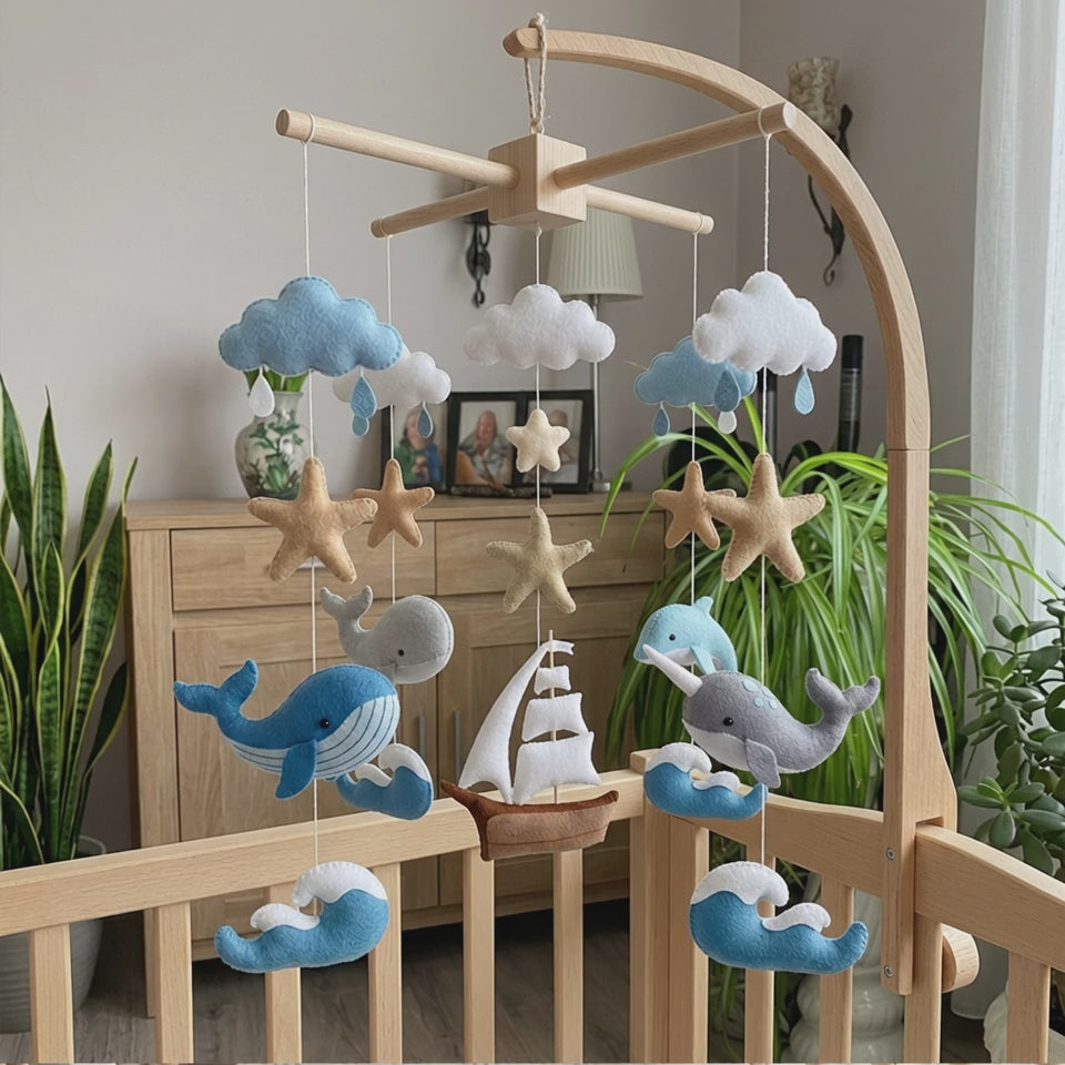 Felt Ocean Baby Mobile with Whale Dolphin Sailboat Waves Stars and Clouds, Nautical Nursery Crib Decor, Coastal Baby Shower Gift