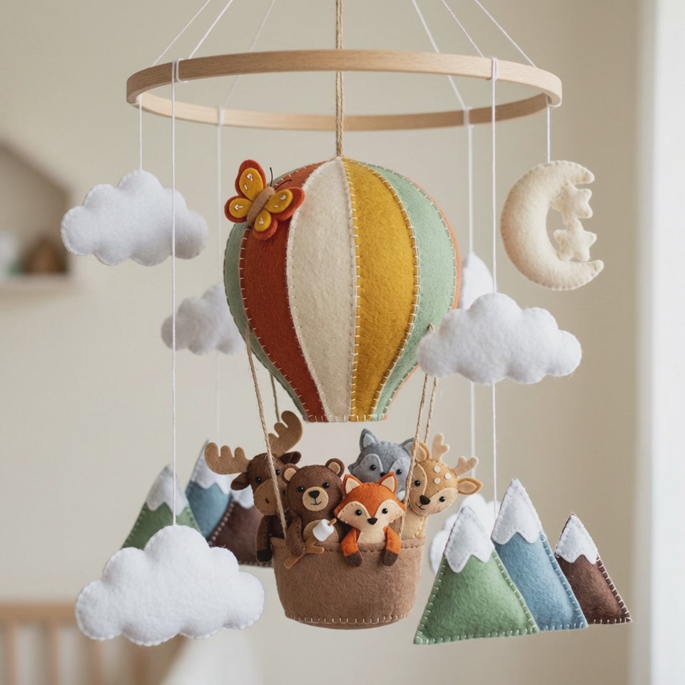 Handmade Felt Woodland Hot Air Balloon Baby Mobile – Forest Animal Nursery Decor