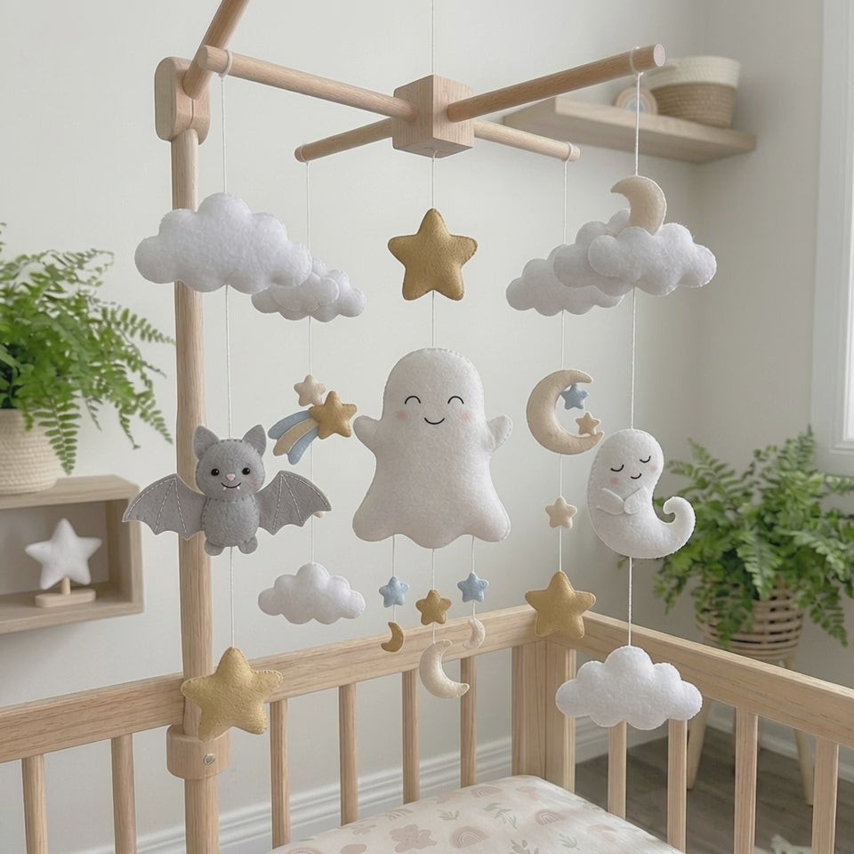 Felt Ghost Baby Mobile, Cute Bat Moon Stars Clouds Nursery Crib Decor