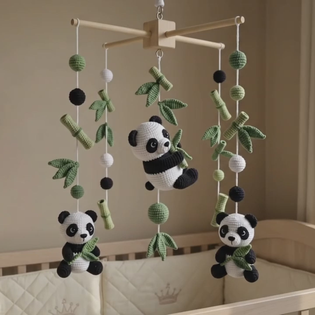 Crochet Panda Baby Mobile, Bamboo Leaf Crib Decor, Woodland Nursery Hanging, Handmade Baby Shower Gift for Boy or Girl Nursery Room Decor
