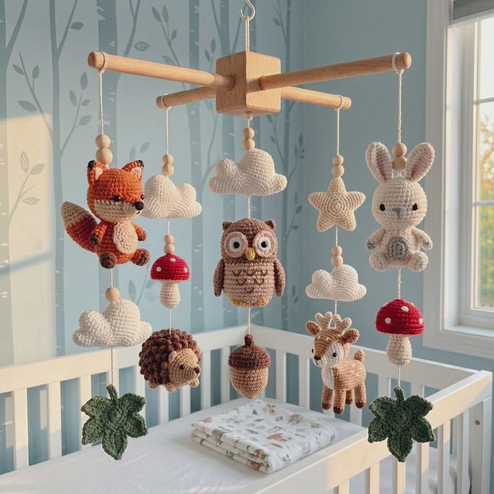 Crochet Woodland Baby Mobile, Forest Animals Crib Mobile