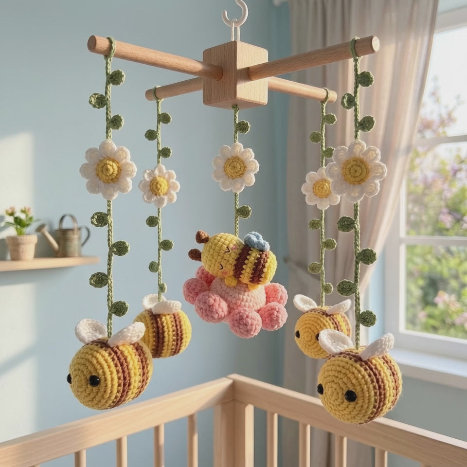 Crochet Bee Baby Mobile, Daisy Flower Crib Mobile
