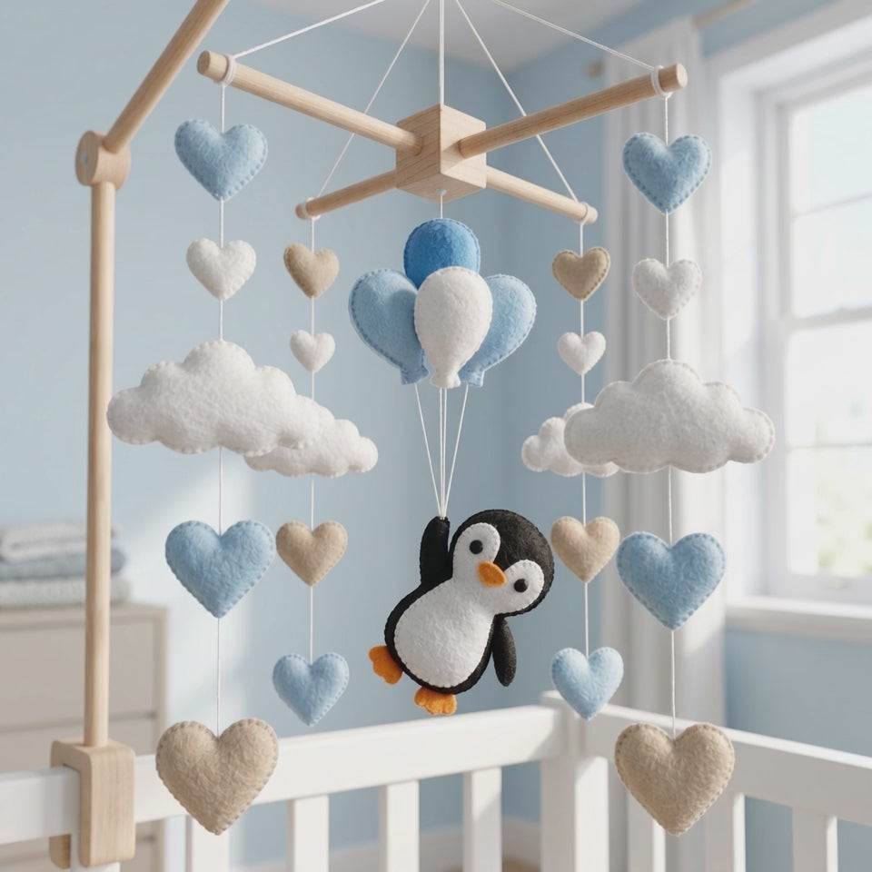 Penguin Felt Baby Mobile, Hot Air Balloon Crib Mobile