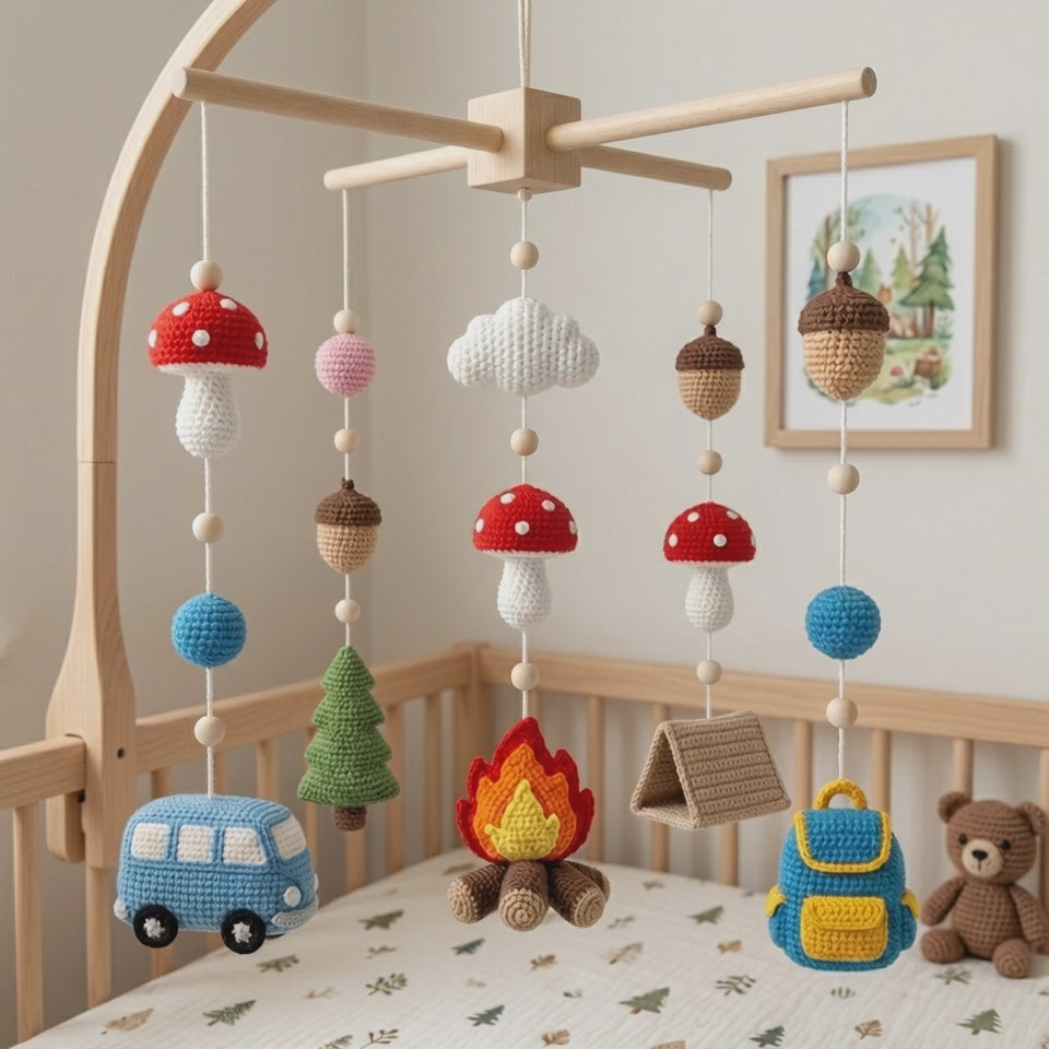 Handmade Crochet Camping Baby Mobile – Woodland Nursery Crib Decor