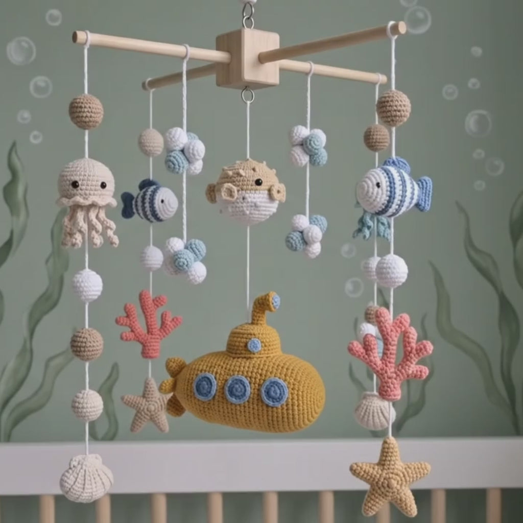 Crochet Yellow Submarine Baby Mobile, Ocean Nursery Decor
